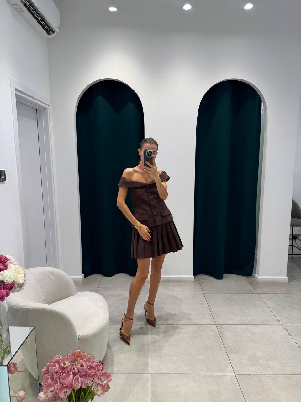 Brown off shoulder top with skirt