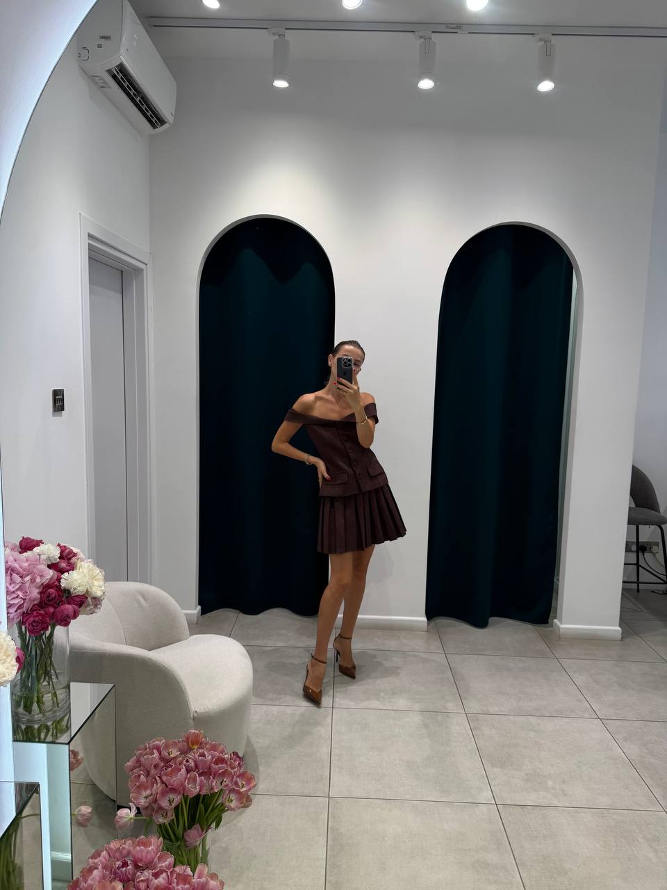 Brown off shoulder top with skirt