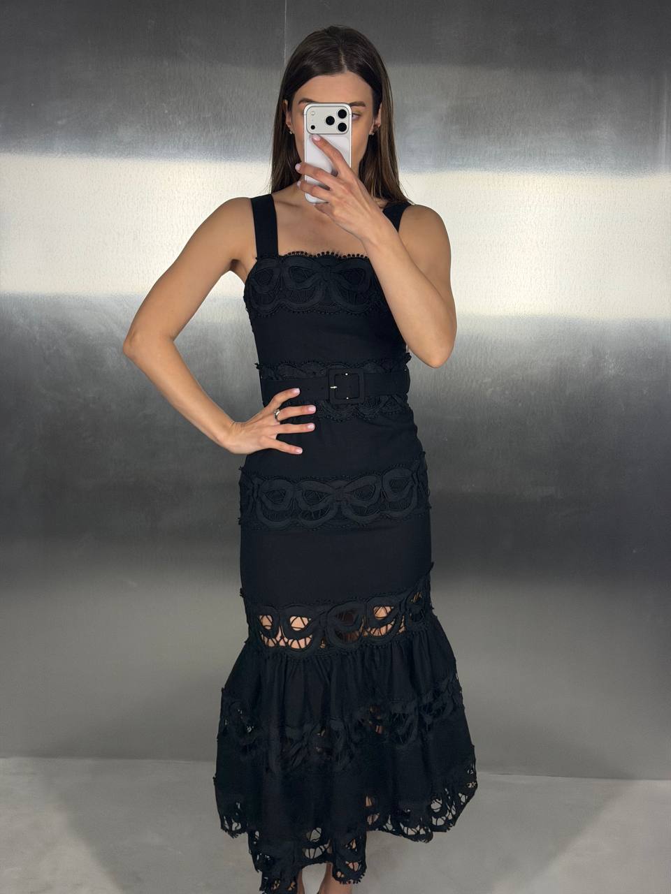 Lace-trimmed belted midi dress