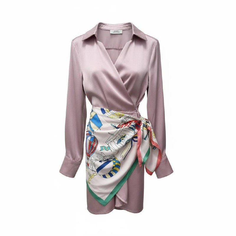 Satin wrap mini  dress with printed scarf detail
