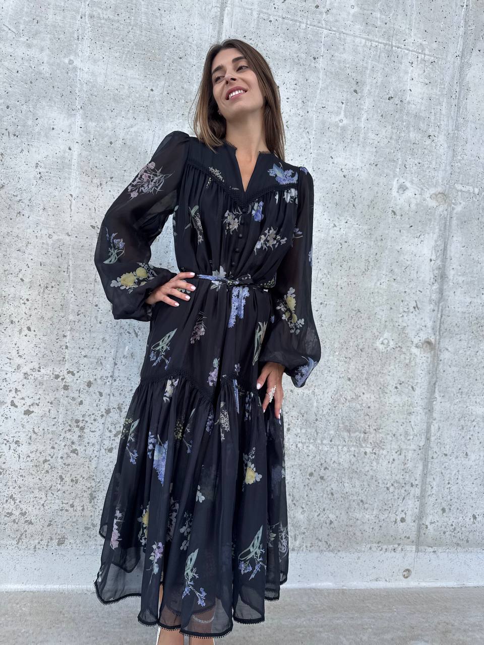 Floral black midi dress