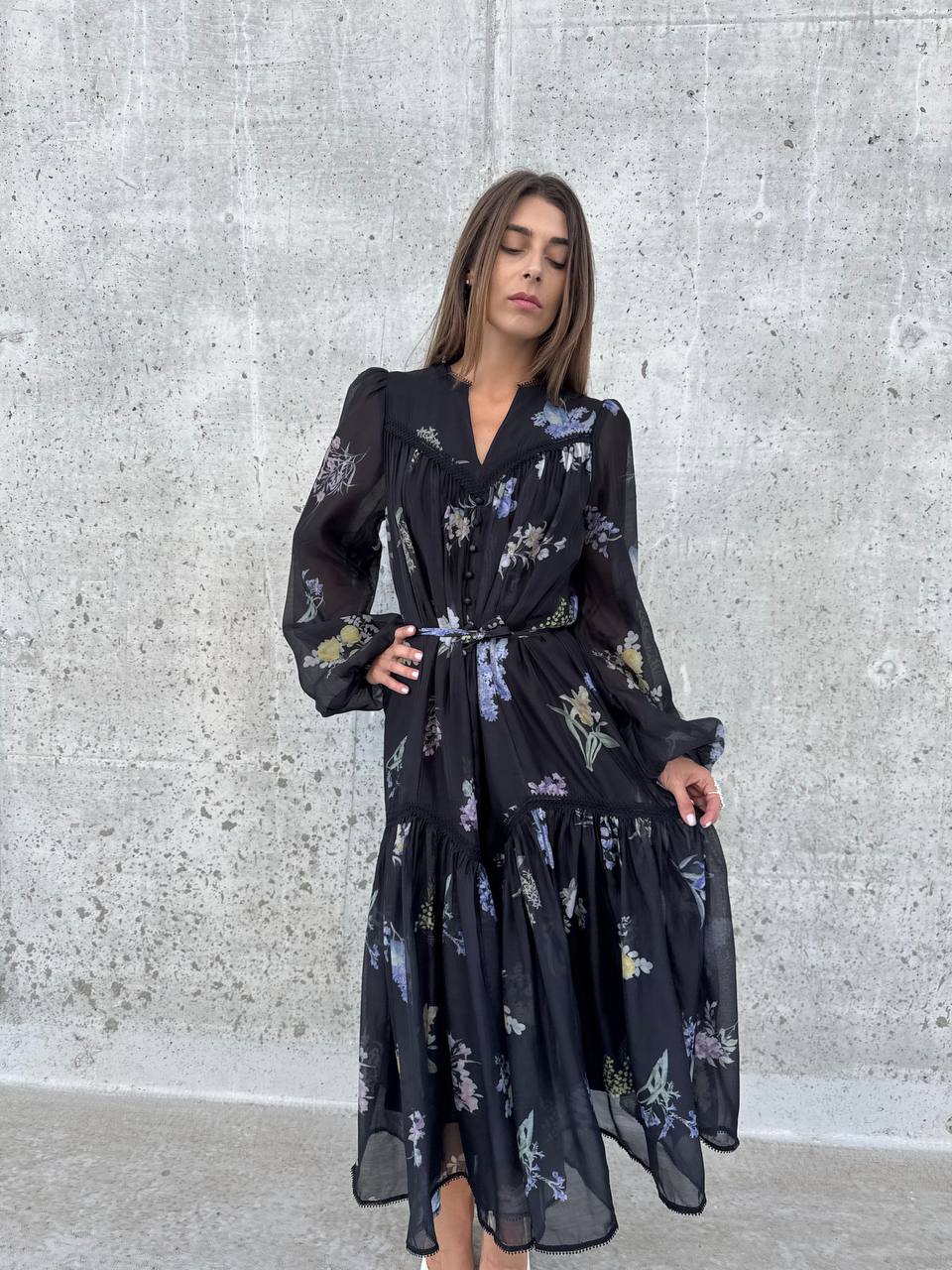 Floral black midi dress