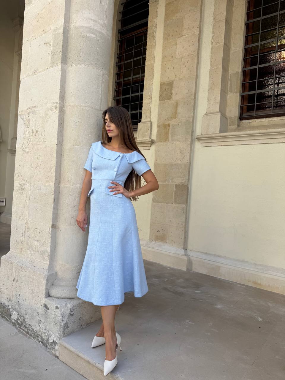 Blue textured  midi dress