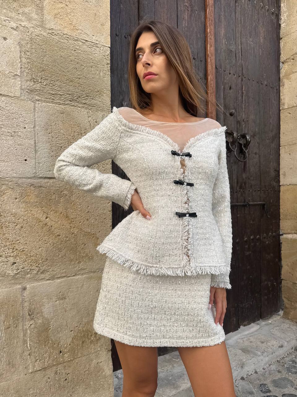 Tweed white mini dress