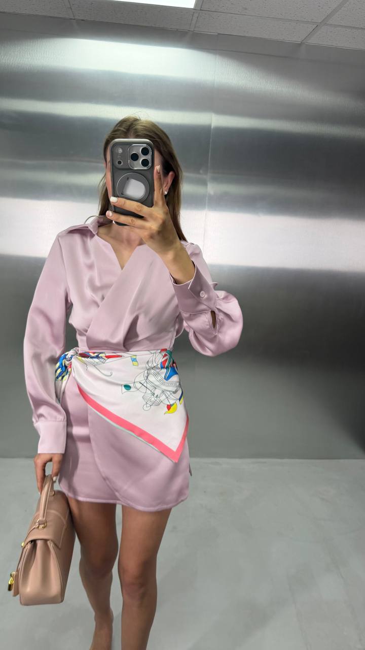 Satin wrap mini  dress with printed scarf detail