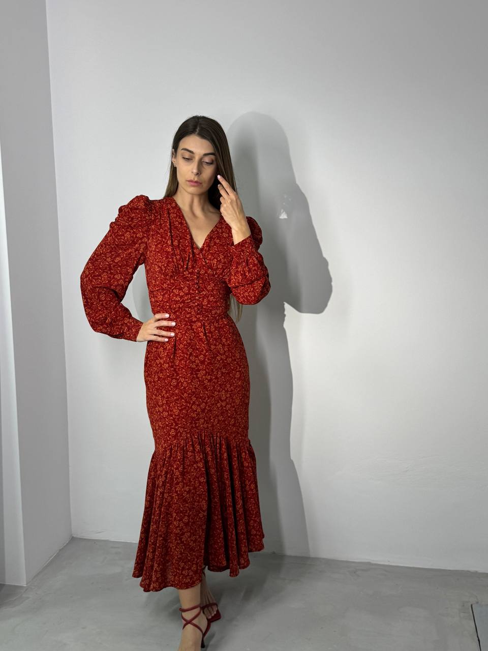 Red flower midi dress