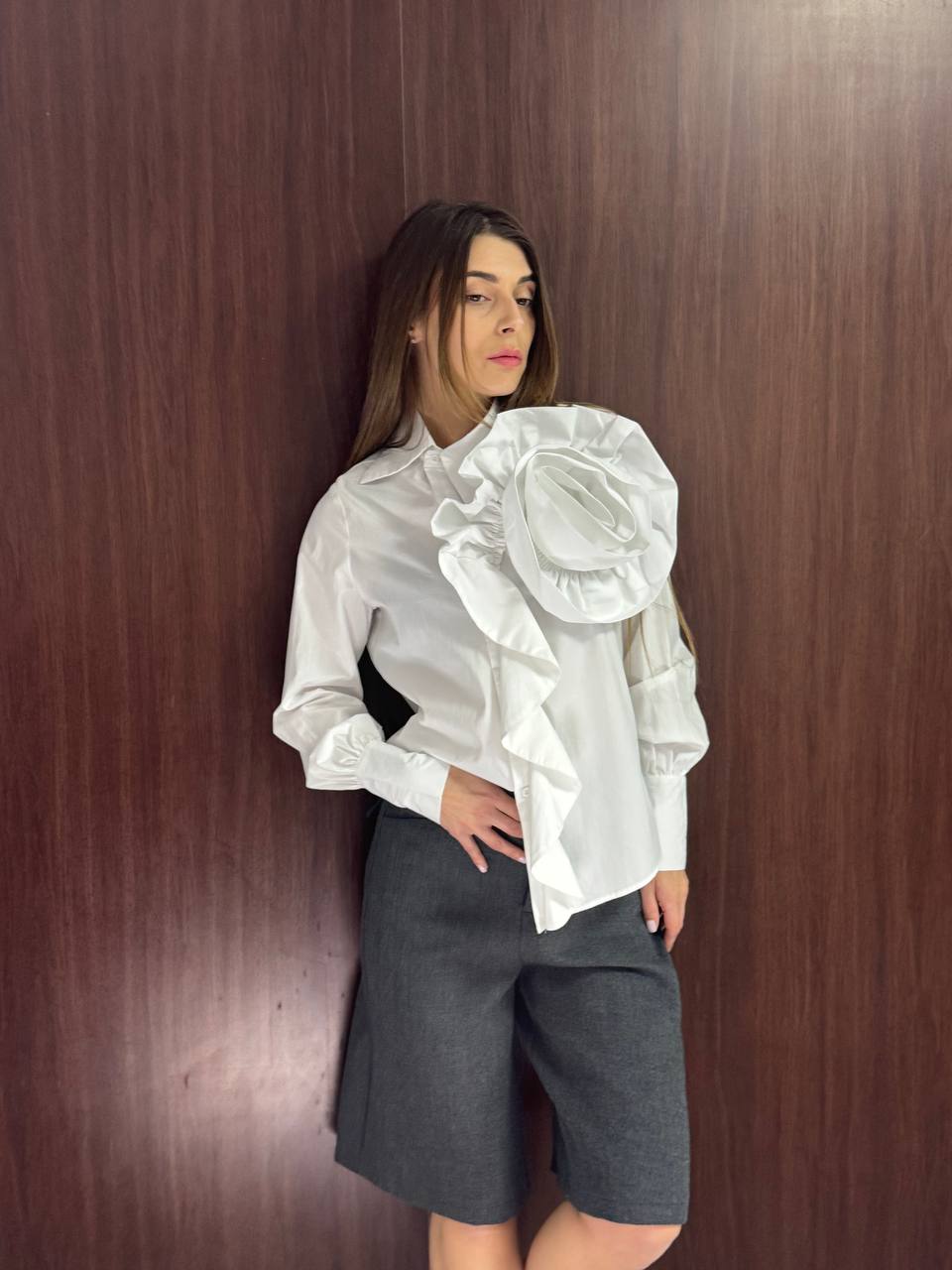 White rosette ruffle blouse