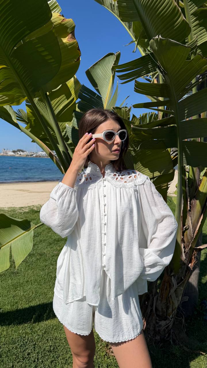 White lace blouse and shorts