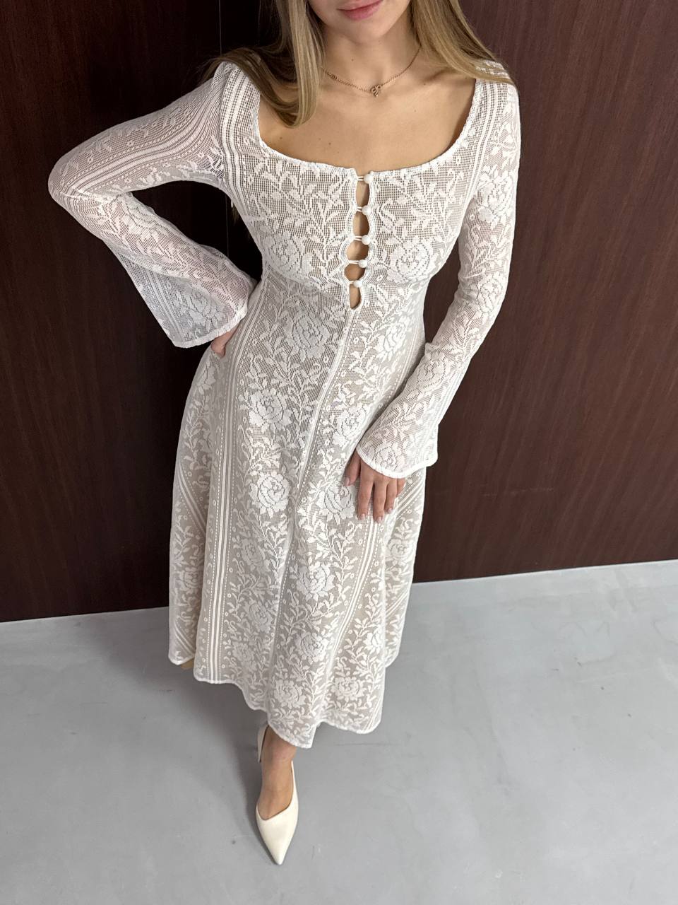 White long-sleeve lace midi dress
