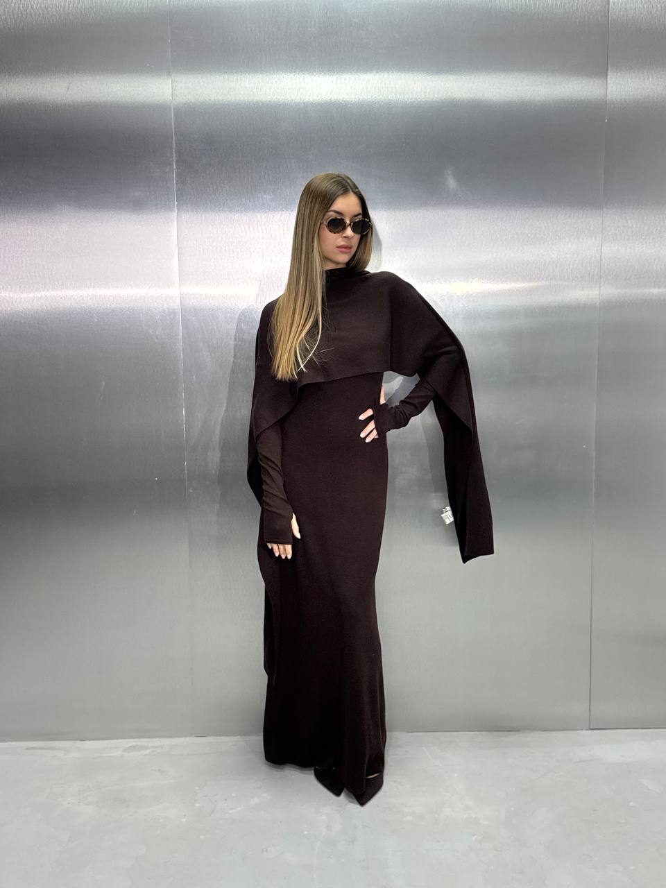 Brown knitted maxi dress with scarf and gloves