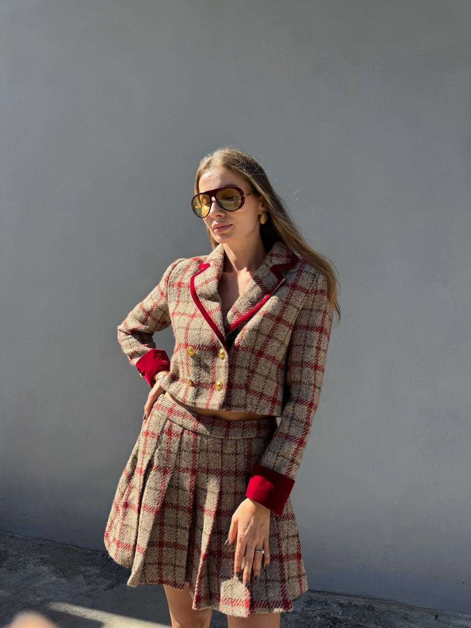 Checkered tweed crop blazer with skirt