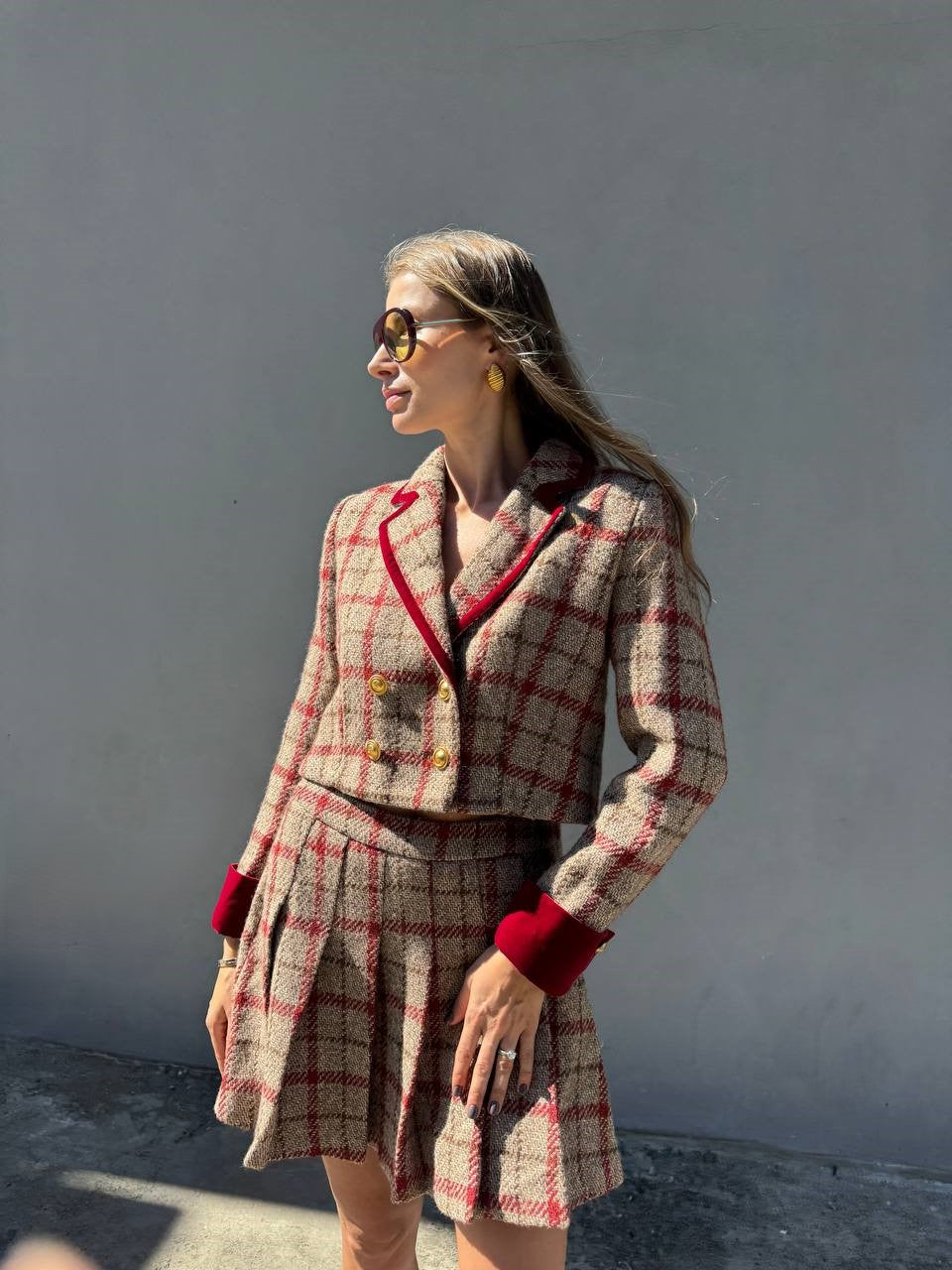 Checkered tweed crop blazer with skirt