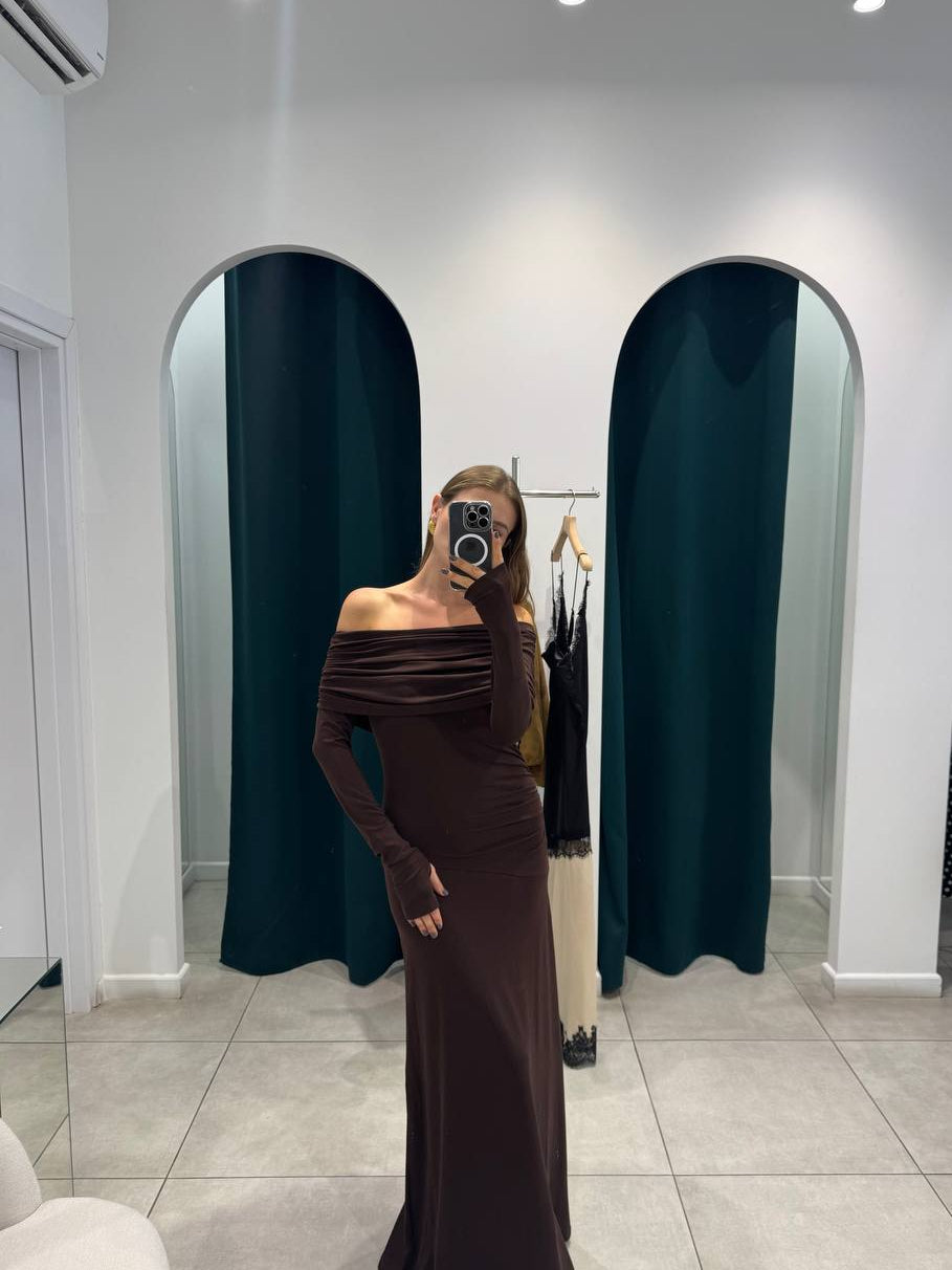 Brown maxi off shoulder cotton dress