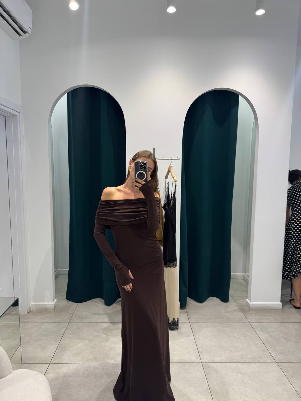Brown maxi off shoulder cotton dress