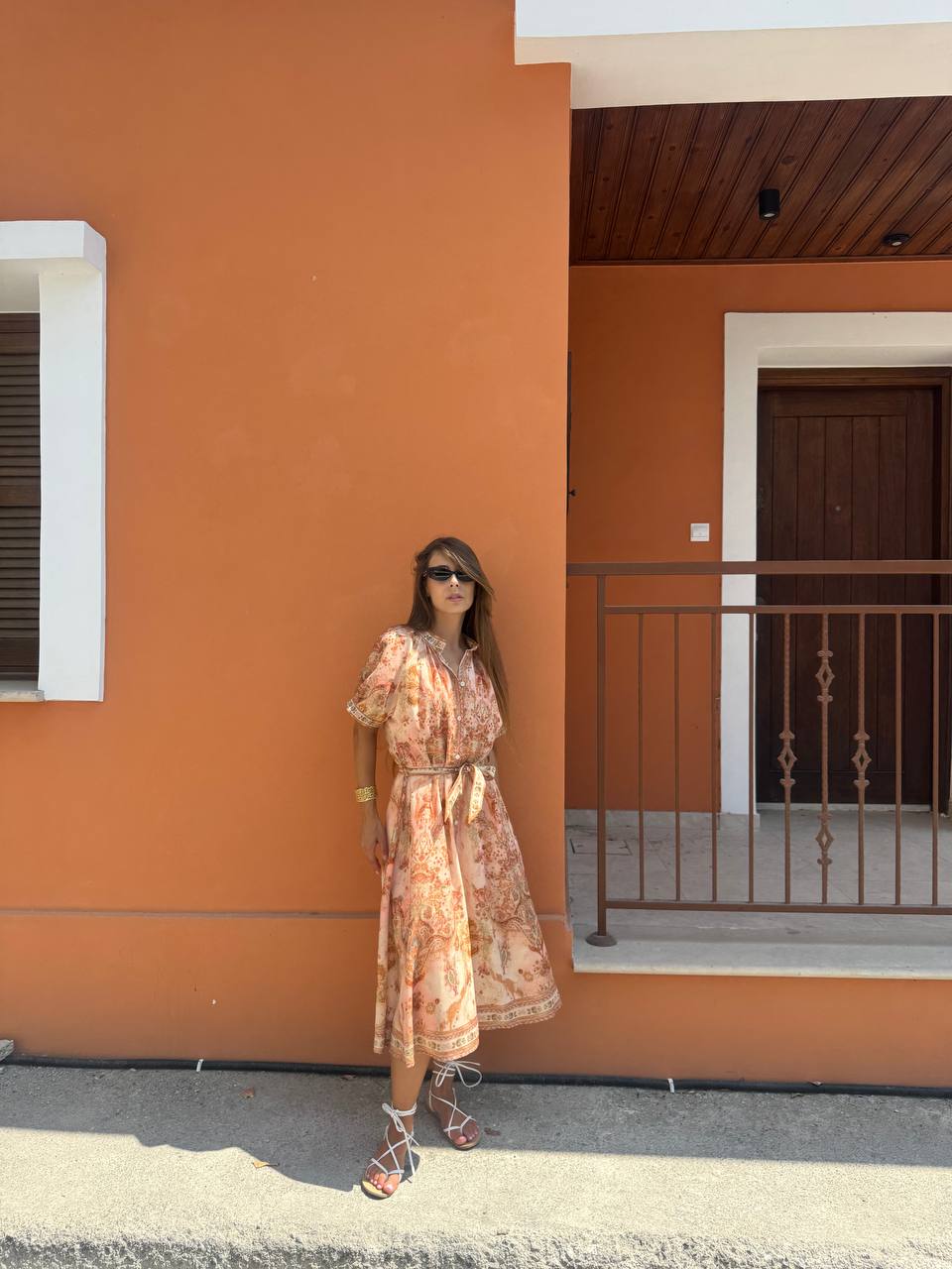 Printed midi orange dress