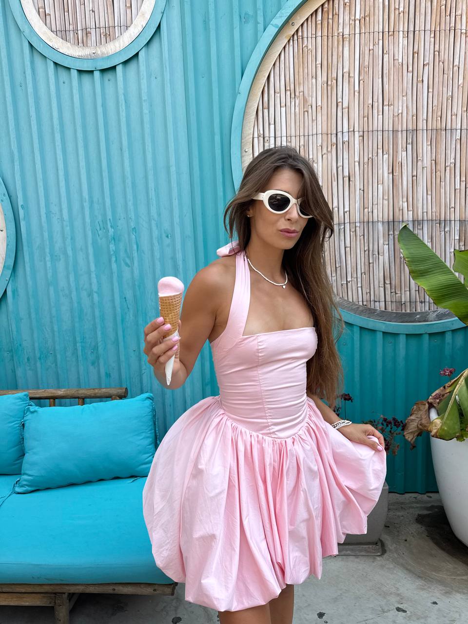 Cotton pink mini puffy dress