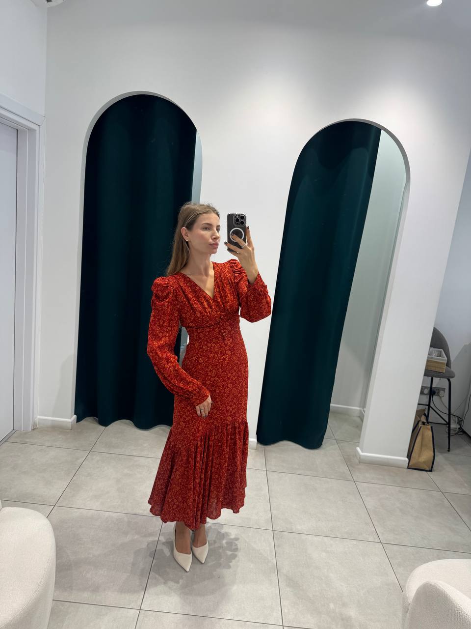 Red flower midi dress