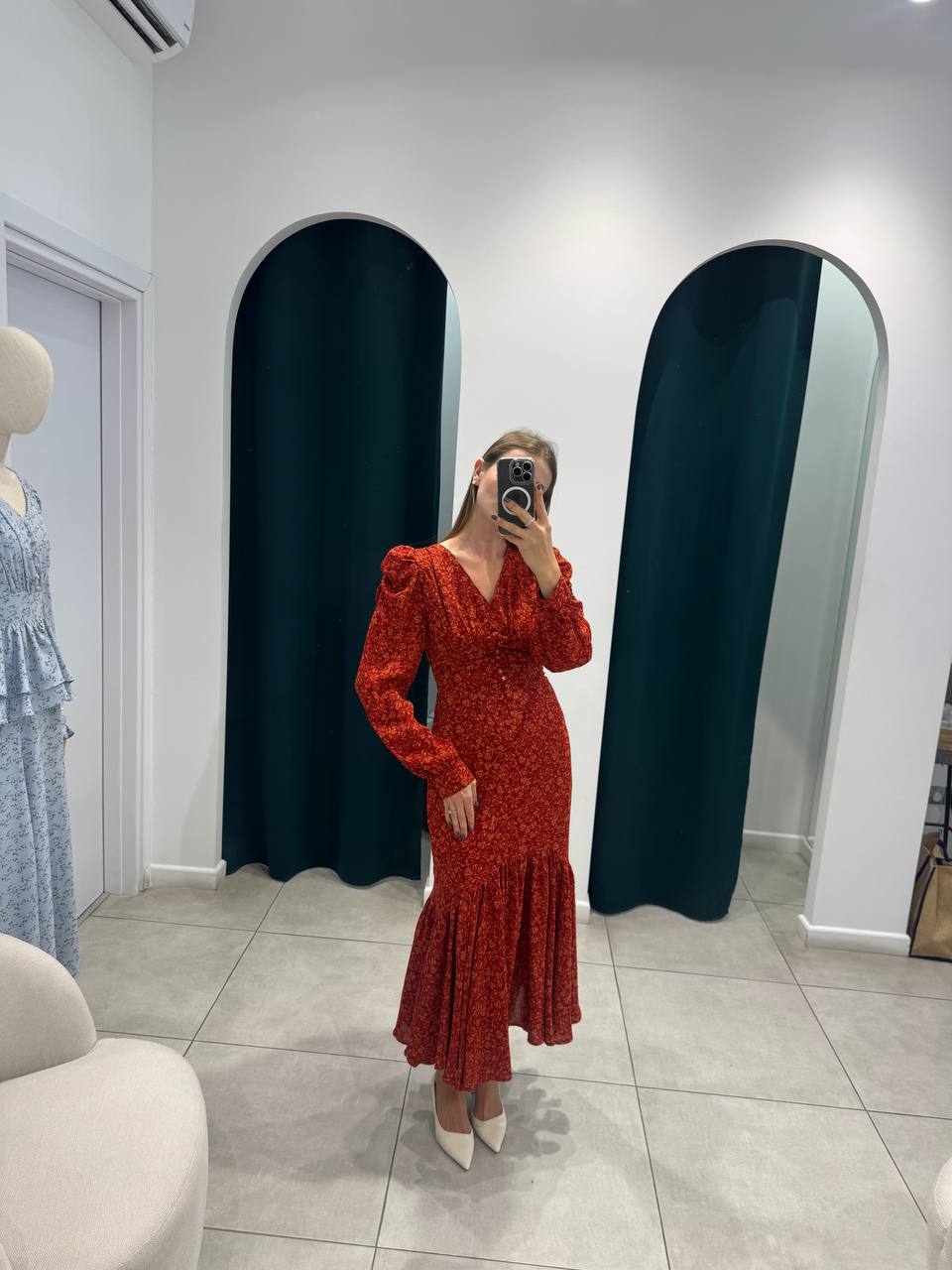 Red flower midi dress