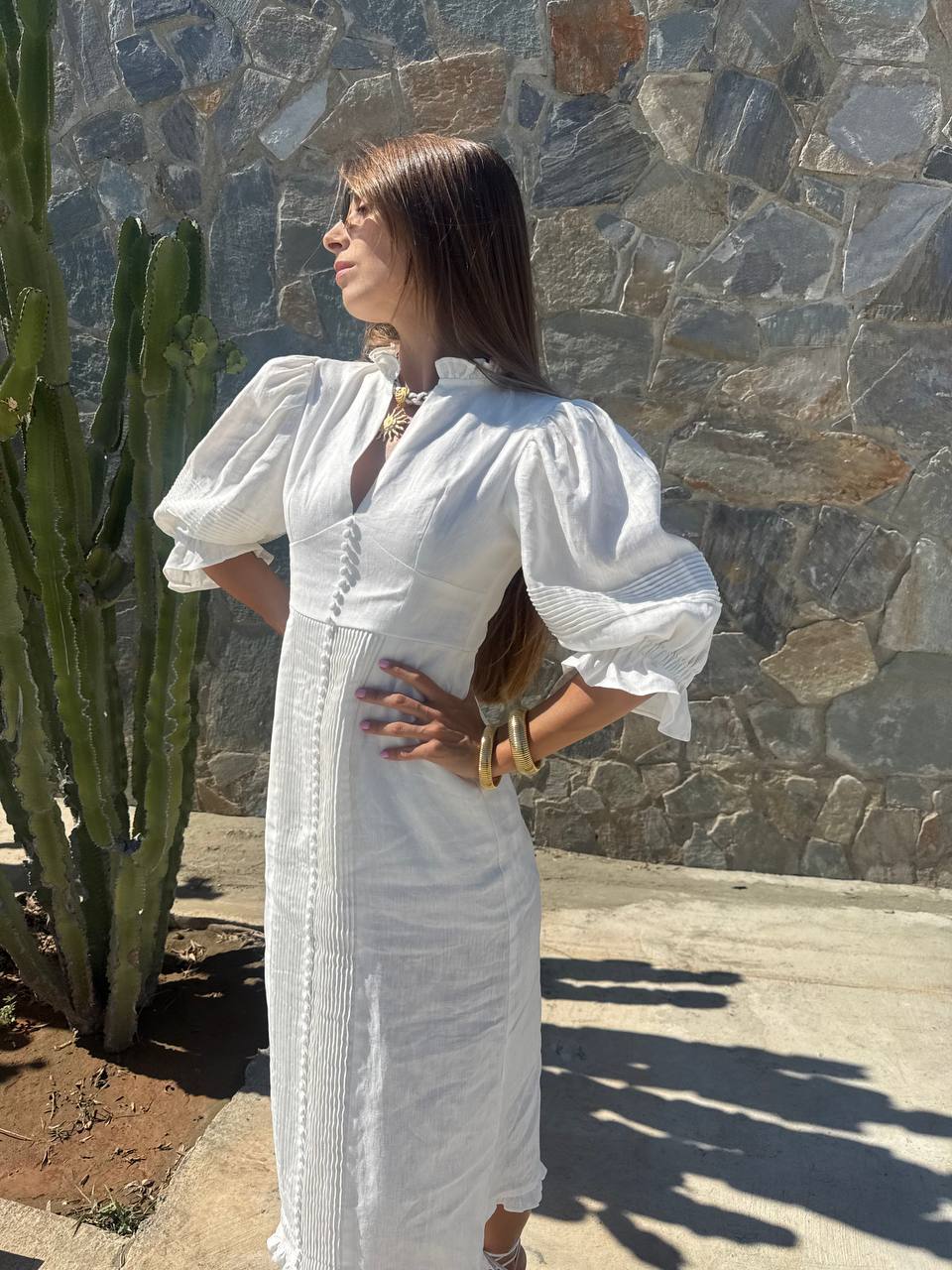 Linen midi puffy sleeves dress