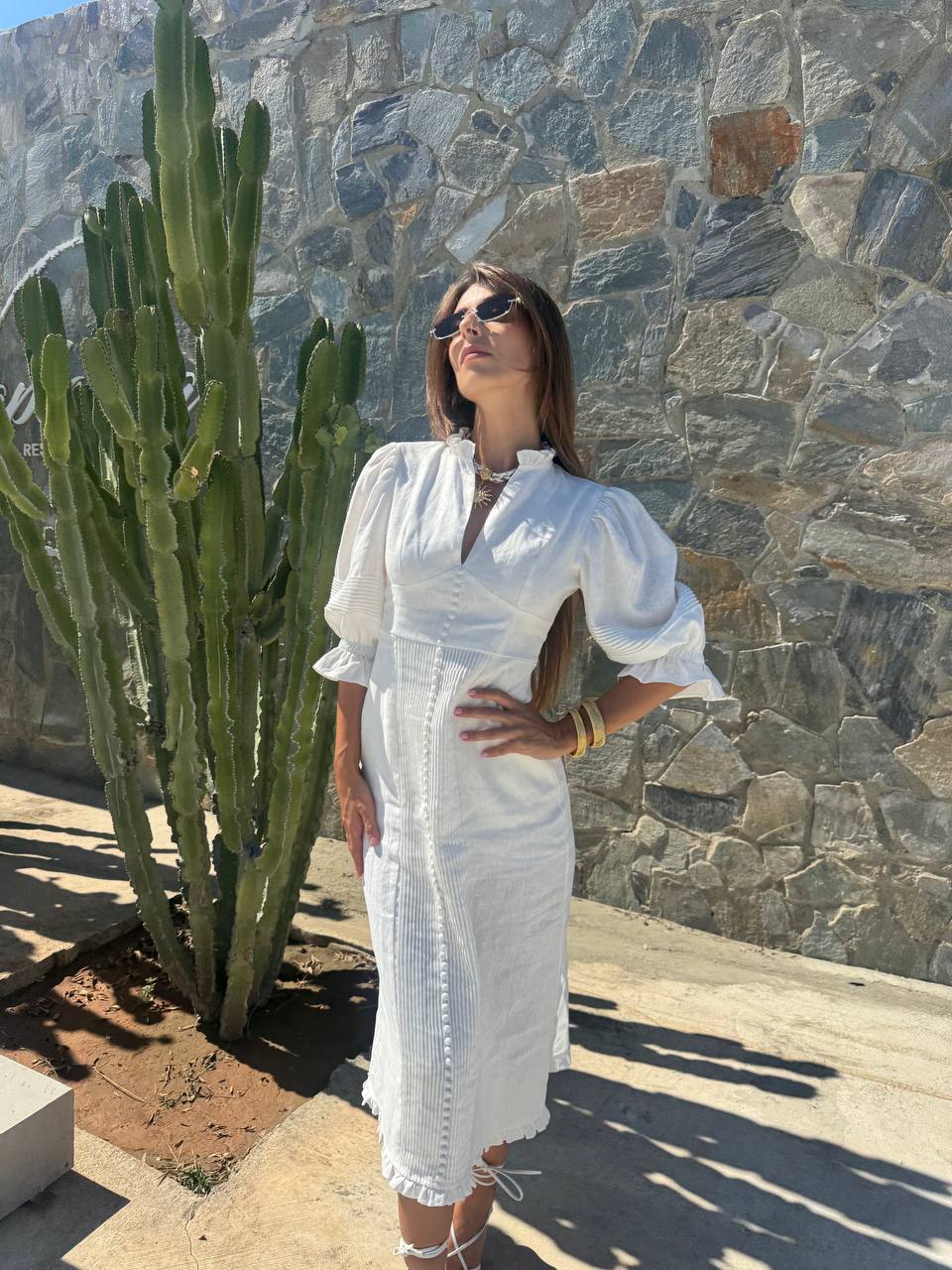 Linen midi puffy sleeves dress